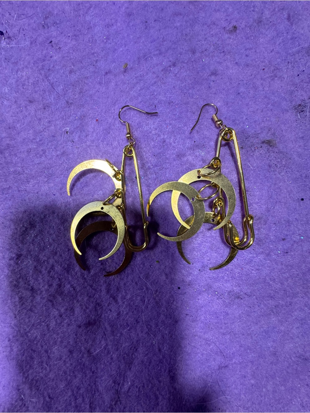 Gold Moon & Crescent safety pin  Earrings